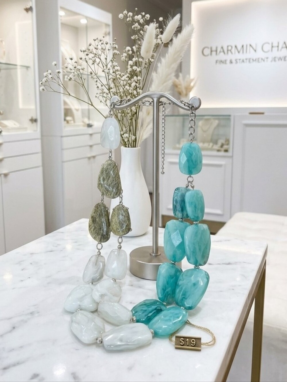 Chunky Turquoise & Ivory Stone Statement Necklace Charmin Charlie